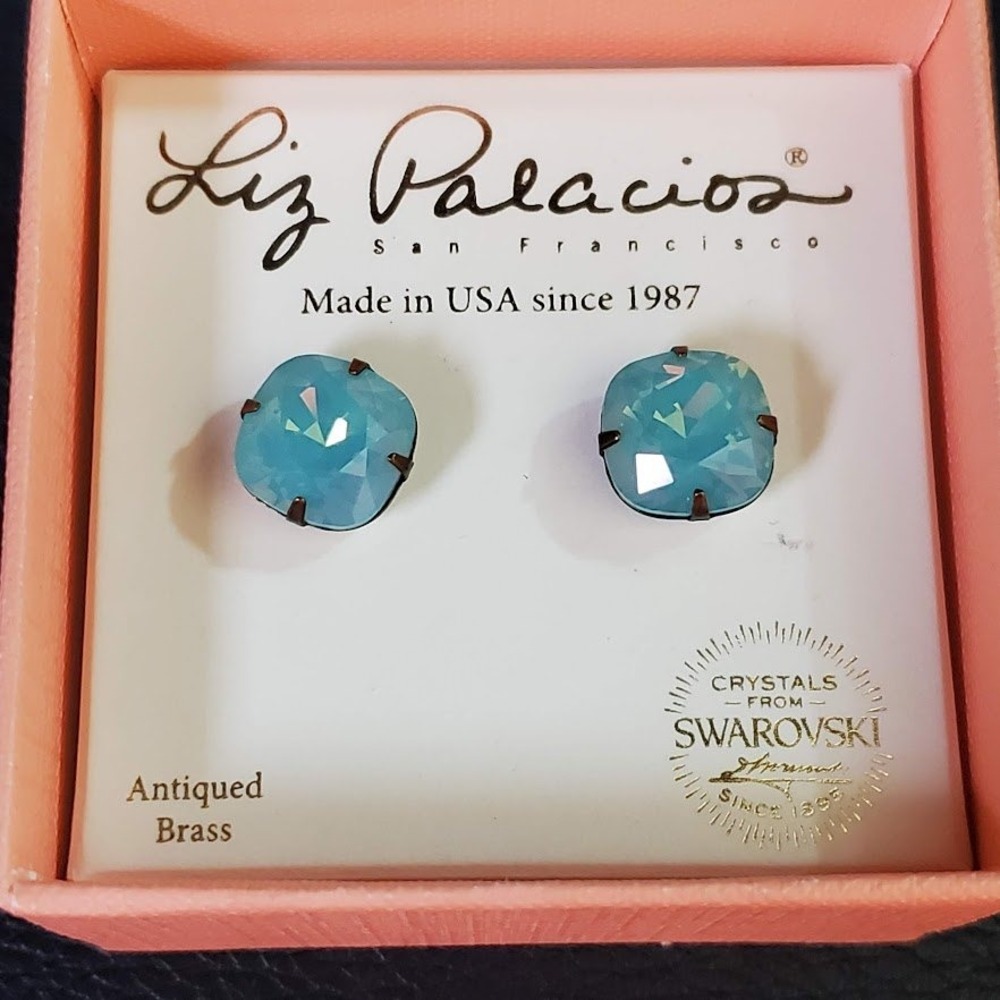Liz Palacios Swarovski Crystal Stud Earrings Antiqued Brass Light Blue Cushion